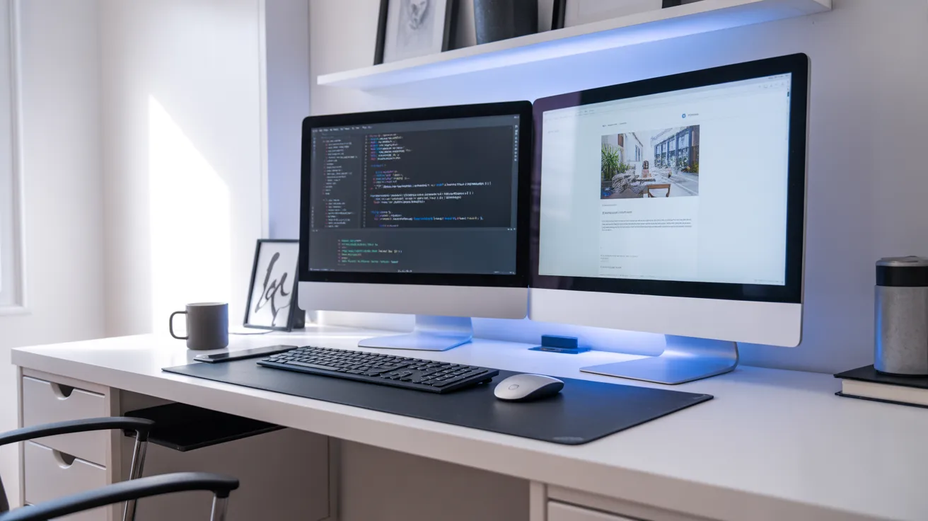 Professional tech workspace with dual monitors